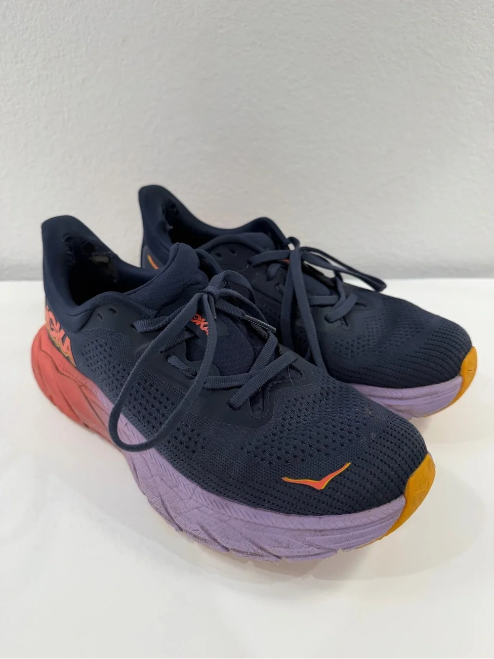 Hoka One One Women's Navy Running Shoes with Purple Midsole & Orange Accents
